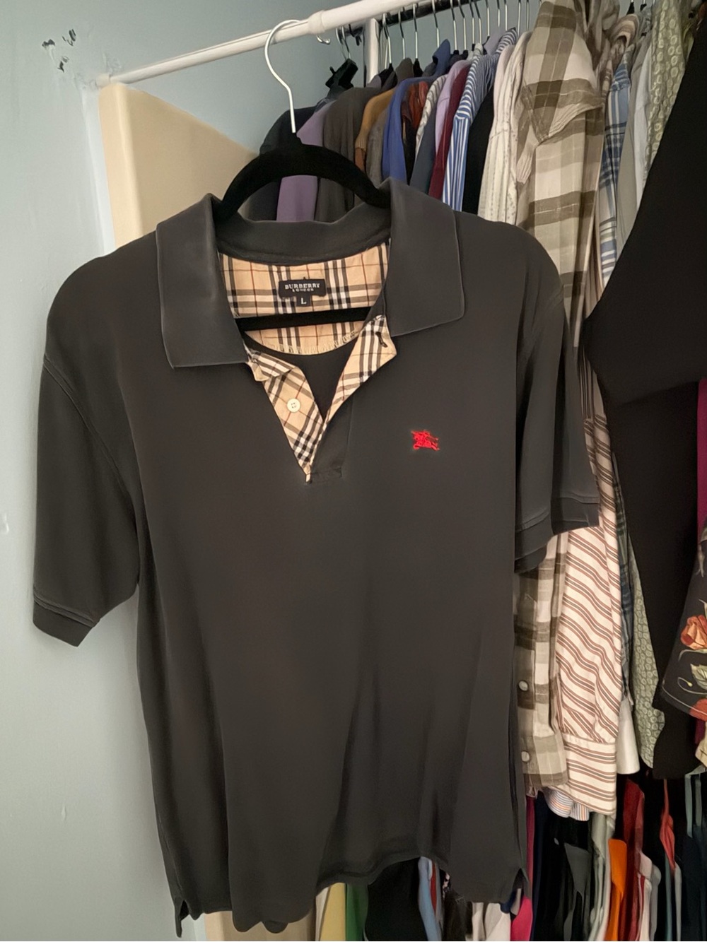 Burberry Black Polo with Beige Check Placket and Red Logo